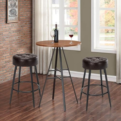 Furniliving 26" Farmhouse Round Leather Bar Stools, Mid-Century Bar Height Kitchen Stools with Footrest for Island Coffee Pub Shop Set of 2