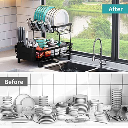XILIDIA Dish Racks for Kitchen Counter, 2 Tier Dish Drying Rack with Drainboard, Large Capacity Dish Drainer with Utensil Holder and Extra Dish Drying Mat