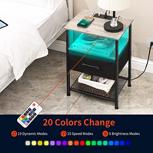 LAKEMID Nightstands Set of 2 with Charging Station and Drawer, End Table Bedside Table with 20 Colors LED Light Strip and 2 Layers Shelf for Bedroom Living Room Sofa (Grey)