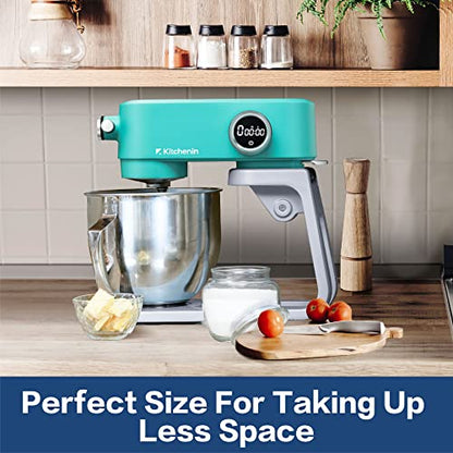 All Metal Stand Mixer,Kitchenin 5.3-Quart 8-Speeds Tilt-Head Food Mixer,400 Watt DC Motor Electric Stand Mixer with 12-Wire Whip,Flat Beater,Stainless Steel Dough Hook & Pouring Shield,Light Blue