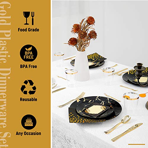 N9R 225pcs Black Gold Plastic Plates, Disposable Dinnerware Set Include 25 Dinner Plates, 25 Dessert Plates, 25 Gold Plastic Silverware, 25 Mini Forks, Gold Cups, Napkins and Table Cards for Party