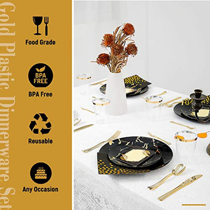 N9R 225pcs Black Gold Plastic Plates, Disposable Dinnerware Set Include 25 Dinner Plates, 25 Dessert Plates, 25 Gold Plastic Silverware, 25 Mini Forks, Gold Cups, Napkins and Table Cards for Party