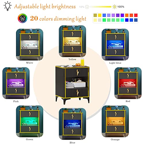 Nightstand Bedside Table with Charging Station: Smart Night Stand with Auto Sensor RGB 20 Color Dimmable for Bedroom Furniture - Modern End Side Table wth LED Lights & 2 Drawers