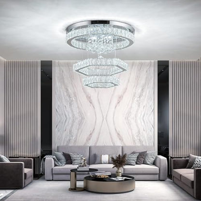 Zswanbei 19.6" Crystal LED Chandelier Pendant Light Fixture Stainless Steel 3 Ring Modern Ceiling Lamps for Living Room Dining Room Bedroom (Cool White)