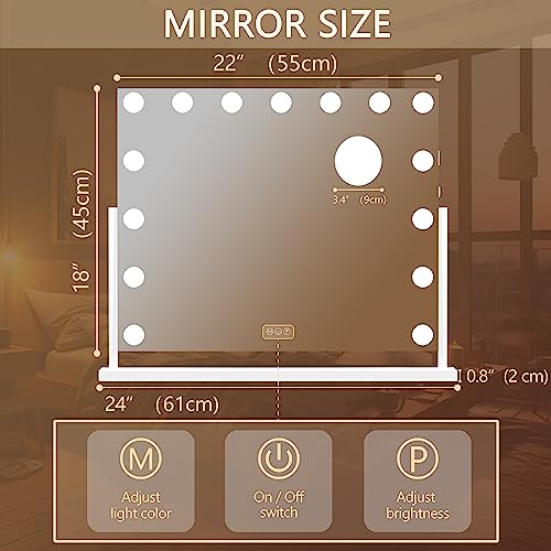 Hasipu Vanity Mirror with Lights, 22" x 18" Hollywood Lighted Makeup Mirror with 15 Dimmable Bulbs, 10X Magnification and USB Charging Port, Smart Touch 3 Colors Dimmable, 360° Rotation (Square)