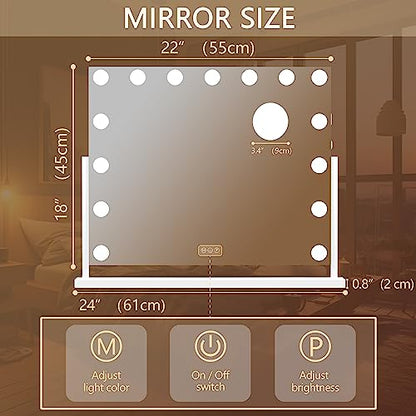 Hasipu Vanity Mirror with Lights, 22" x 18" Hollywood Lighted Makeup Mirror with 15 Dimmable Bulbs, 10X Magnification and USB Charging Port, Smart Touch 3 Colors Dimmable, 360° Rotation (Square)