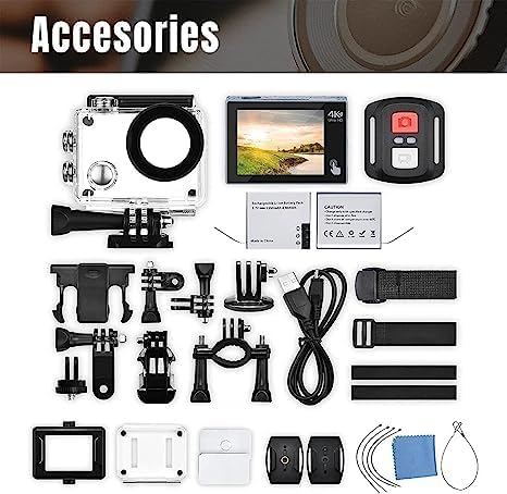 Exprotrek 4K Action Camera with Touch Screen, EIS Stabilization, 170 ° Ultra Wide Angle, 40 Meter Waterproof Underwater Camera, Remote Control Sports Camera with Helmet Accessory Set
