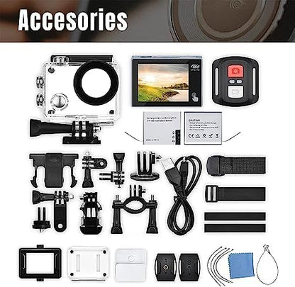 Exprotrek 4K Action Camera with Touch Screen, EIS Stabilization, 170 ° Ultra Wide Angle, 40 Meter Waterproof Underwater Camera, Remote Control Sports Camera with Helmet Accessory Set