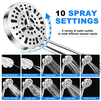 JiaSifu 10-Mode Handheld Shower Head Set, High Pressure Shower Head with 59” Stainless Steel Hose and Adjustable Brass Bracket, All Chrome Finish（Model: US-14591）