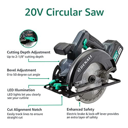 Amazon Brand - Denali by SKIL 20V Cordless Drill, Reciprocating Saw, Circular Saw, and Work Light with (2) 2.0Ah Lithium Batteries, 2.4A Charger, and Carry Bag