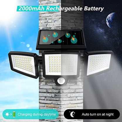 Tuffenough Solar Outdoor Lights 2500LM 210 LED Security Lights with Remote Control,3 Heads Motion Sensor Lights, IP65 Waterproof,270° Wide Angle Flood Wall Lights with 3 Modes(3 Packs)