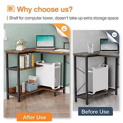 ODK Small L Shaped Computer Desk with Reversible Storage Shelves, 58 Inch L-Shaped Corner Desk with Monitor Stand for Small Space, Modern Simple Writing Study Table for Home Office, Rustic Brown