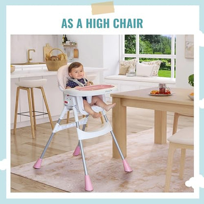 Dream On Me Portable 2-in-1 Tabletalk High Chair, Convertible Compact Light Weight Highchair, Pink