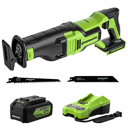 Greenworks 24V Brushless (1-1/8") Cordlesss Reciprocating Saw (2,7000 SPM), 4.0Ah USB Battery and Charger Included