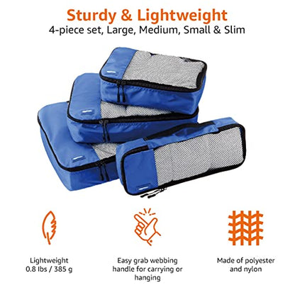 Amazon Basics 4 Piece Packing Travel Organizer Cubes Set, Small, Medium, Large, and Slim, Blue