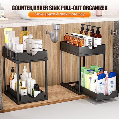 ARSTPEOE 2 Pack Double Sliding Under Sink Organizers and Storage,Two Tier Bathroom Storage and organization,Under Cabinet Organizer with Hooks Hanging Cup,Home Organization,Black