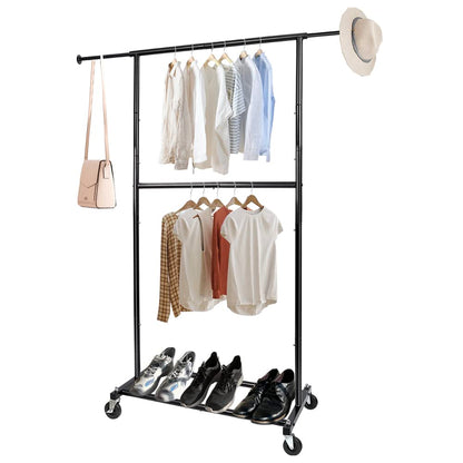 Fishat Simple Standard Double Rod Rolling Clothing Garment Rack for Hanging Clothes, Metal Clothes Organizer with Lockable Wheels (Black)