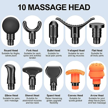 RAEMAO Massage Gun Deep Tissue, Back Massage Gun for Athletes for Pain Relief Attaching 10 PCS Specialized Replacement Heads, Percussion Massager with 10 Speeds & LED Screen, Black