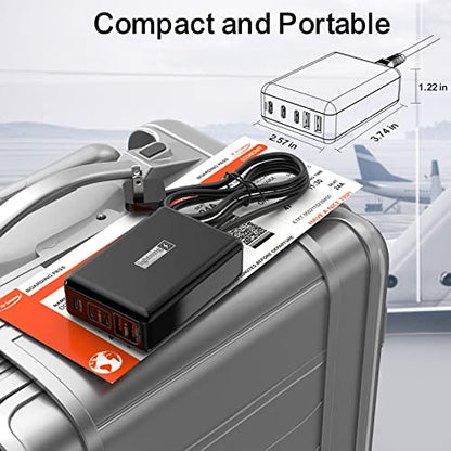 USB C Charger Fast Charging 100W, 5 Ports Charging Blocks Ultra Thin Flat Plug, USB Charging Station with 360° Rotated Adhesive Punch-Free Holder, Charging Hub for Laptops, Tablets, Cellphones Stuff