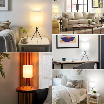 FOLKSMATE Bedside Table Lamp with Black Metal Base, Modern Small Desk Lamp, Nightstand Lamp with White Linen Fabric Lampshade, Side Table Lamp for Bedroom Living Room Home Office, Bulb Not Included