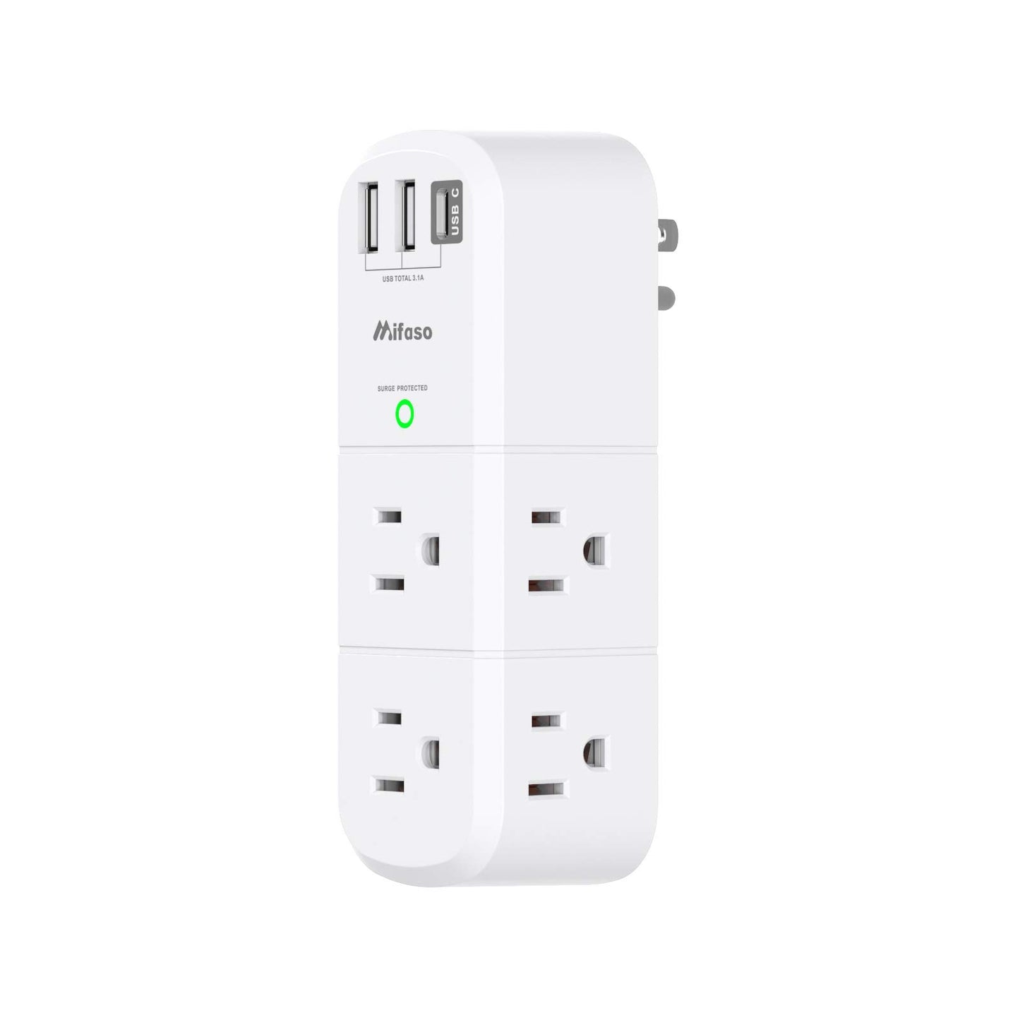 USB Outlet Extender Surge Protector - with Rotating Plug, 6 AC Multi Plug and 3 Ports (1 C), 1800 Joules, 3-Sided Swivel Power Strip Spaced Splitter for Home, Office, Travel