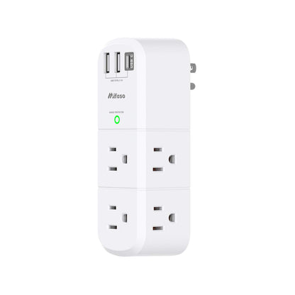 USB Outlet Extender Surge Protector - with Rotating Plug, 6 AC Multi Plug and 3 Ports (1 C), 1800 Joules, 3-Sided Swivel Power Strip Spaced Splitter for Home, Office, Travel