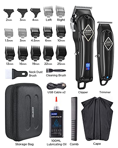 GLAKER Professional Hair Clippers and T-Blade Trimmer, Cordless Mens Hair Clippers for Women Kids, Barber Clippers Rechargeable Fading Clippers with 15PCS Guards