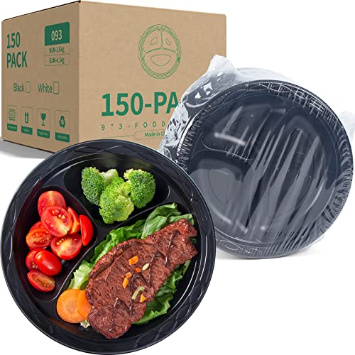 YANGRUI Reusable Plastic Plate, 9 Inch 3 Compartments 150 Pack Food Grade Material BPA Free Black Dinner Plates