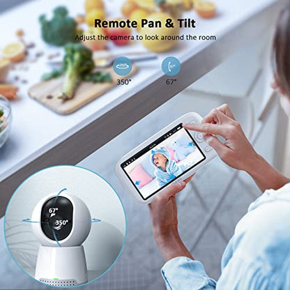 NexiGo Video Baby Monitor with Camera and Audio, 5 Inch Split IPS Screen, Support Up to 4 Cameras, 2-Way Audio, Pan-Tilt-Zoom, 4800mAh Battery, Temperature Detection, Night Vision, Lullaby (White)