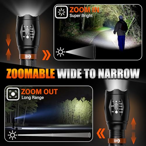 2 Pack LED Flashlights High Lumens with 6 AAA Batteries, 5 Modes Mini Waterproof Tactical Flashlight for Camping Hiking, Bright Flashlight with Zoomable, Christmas Gifts for Men Dad, Black & Coppery
