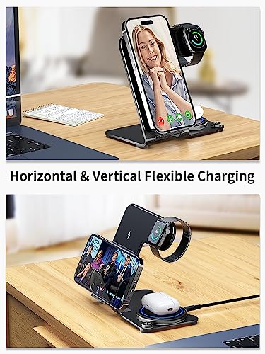 Wireless Charging Station,Aluminum Alloy 3 in 1 Wireless Charger Stand Fast Charging for iPhone 15/14/13/12/11/Pro/Max/XS/XR/X/8, iWatch 9/8/7/6/5/4/3/2/SE, Airpods Pro/3/2/1(Black)