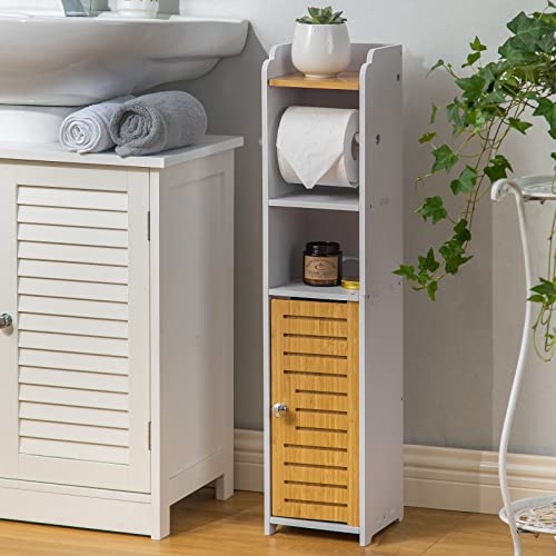 Bathroom Storage Cabinet Toilet Paper Storage for Small Bathroom,Bathroom Storage Cabinet with Toilet Roll Holder,Toilet Paper Stand for Small Space,White/Bamboo by AOJEZOR