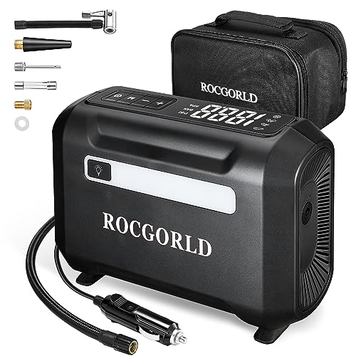 ROCGORLD R7 Tire Inflator Portable Air Compressor, 12V DC Car Tire Air Pump with Auto Shut-Off Function, 150 PSI 3X Faster Inflation Portable Tire Inflator for Car, Bike, Ball, Motor
