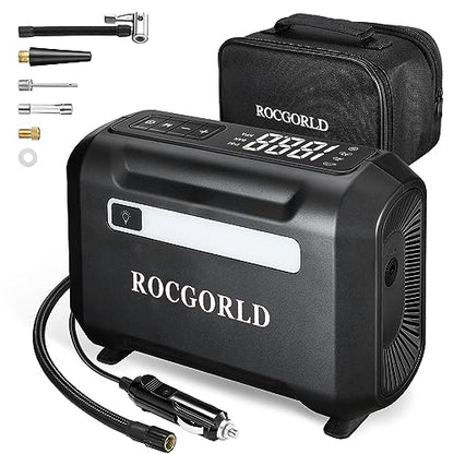 ROCGORLD R7 Tire Inflator Portable Air Compressor, 12V DC Car Tire Air Pump with Auto Shut-Off Function, 150 PSI 3X Faster Inflation Portable Tire Inflator for Car, Bike, Ball, Motor