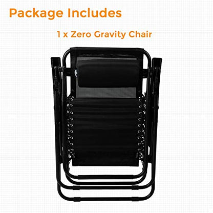Pacific Pass Folding Zero Gravity Reclining Chair w/ Built-In Headrest - Durable Construction - Black