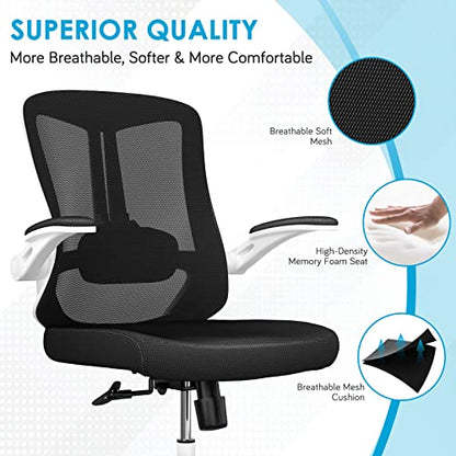 balmstar Office Chair, Ergonomic Desk Chair Home Office Desk Chairs, Breathable Mid-Back Comfortable Mesh Computer Chair with PU Silent Wheels, Flip-up Armrests, Tilt Function, Lumbar Support (Black)