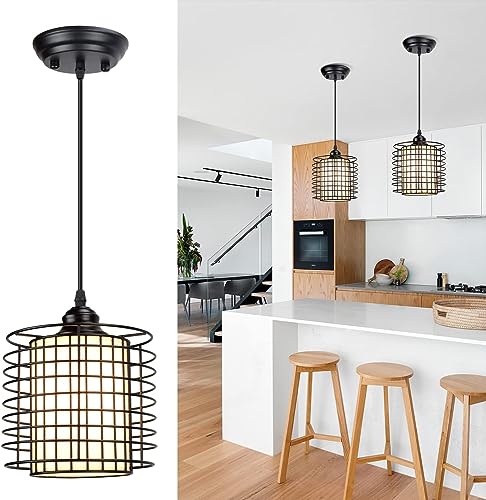 DLLT Vintage Adjustable Pendant Lighting, 6.88 Inch Metal Hanging Pendant Light Fixture with Cage Shade, Retro Ceiling Hanging Dining Light Fixture for kitchen island/Dining Hall/Hallway/Bar, E26 Base