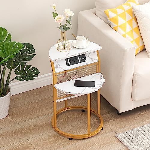 IDEALHOUSE Round End Table with Charging Station, Gold Side Table with USB Ports and Outlets, Sturdy Circle End Table for Living Room, Bedroom and Couch