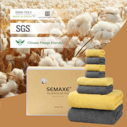 SEMAXE 8 Piece Towel Set, 2 Bath Towels, 2 Hand Towels, 4 Washcloths,100% Cotton Towels for Bathroom, Yellow and Grey Towel Set