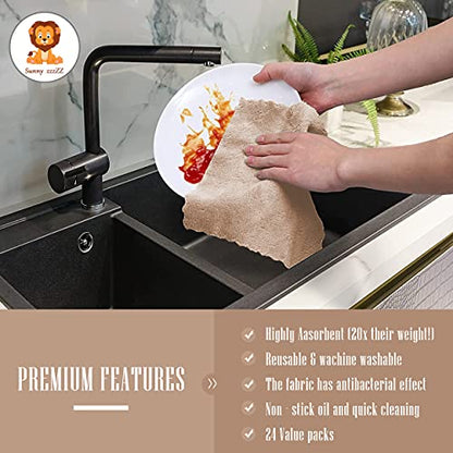 24 Pack Kitchen Dishcloths - Does Not Shed Fluff - No Odor Reusable Dish Towels, Premium Dish cloths, Super Absorbent Coral Fleece Cleaning Cloths, Nonstick Oil Washable Fast Drying (Brown)