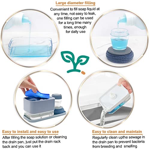 4 in 1 Dish Soap Dispenser and Sponge Holder Set for Kitchen Sink with Soap Dispensing Dish Brush, Sink Tray, Scrub Sponge, Brush Head