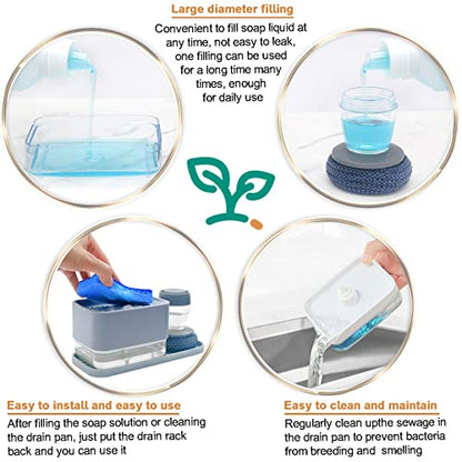 4 in 1 Dish Soap Dispenser and Sponge Holder Set for Kitchen Sink with Soap Dispensing Dish Brush, Sink Tray, Scrub Sponge, Brush Head