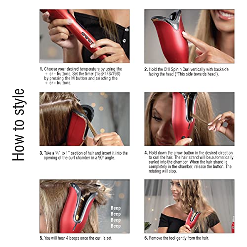 CHI Spin N Curl Ceramic Rotating Curler, Ruby Red. Ideal for Shoulder-Length Hair between 6-16” inches.