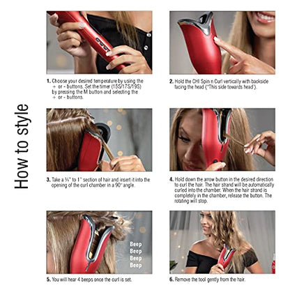 CHI Spin N Curl Ceramic Rotating Curler, Ruby Red. Ideal for Shoulder-Length Hair between 6-16” inches.