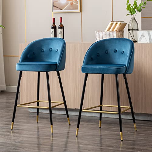 Guyou 30Inch Blue Velvet Bar Stools Set of 4 with Tufted Round Back, Modern Upholstered Kitchen Island High Chairs Barstools with Gold Footrest for Dining Room Kitchen Home Party