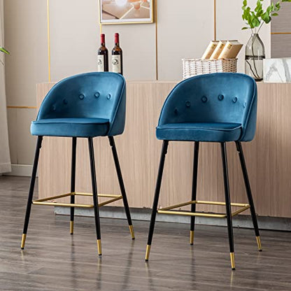 Guyou 30Inch Blue Velvet Bar Stools Set of 4 with Tufted Round Back, Modern Upholstered Kitchen Island High Chairs Barstools with Gold Footrest for Dining Room Kitchen Home Party