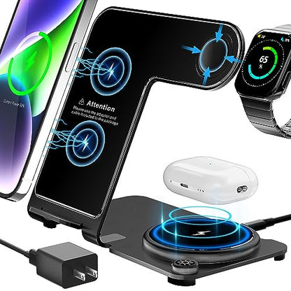 Wireless Charging Station,Aluminum Alloy 3 in 1 Wireless Charger Stand Fast Charging for iPhone 15/14/13/12/11/Pro/Max/XS/XR/X/8, iWatch 9/8/7/6/5/4/3/2/SE, Airpods Pro/3/2/1(Black)