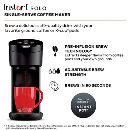 Instant Solo Single Serve Coffee Maker, From the Makers of Instant Pot, K-Cup Pod Compatible Coffee Brewer, Includes Reusable Coffee Pod & Bold Setting, Brew 8 to 12oz., 40oz. Water Reservoir, Black