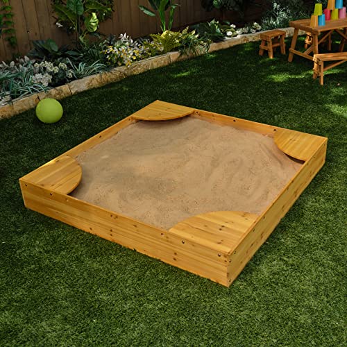 KidKraft Wooden Backyard Sandbox with Built-in Corner Seating and Mesh Cover, Kid's Outdoor Furniture, Honey, Gift for Ages 2-8