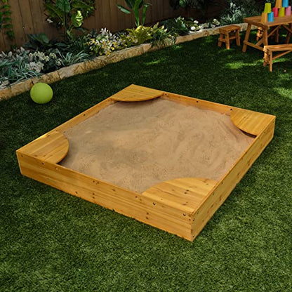 KidKraft Wooden Backyard Sandbox with Built-in Corner Seating and Mesh Cover, Kid's Outdoor Furniture, Honey, Gift for Ages 2-8